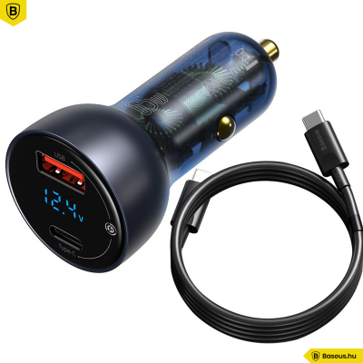 Baseus autós töltő USB/USB-C 65W 5A SCP QC 4.0 + PD 3.0 LCD kijelzővel és Type-C kábellel- Szürke