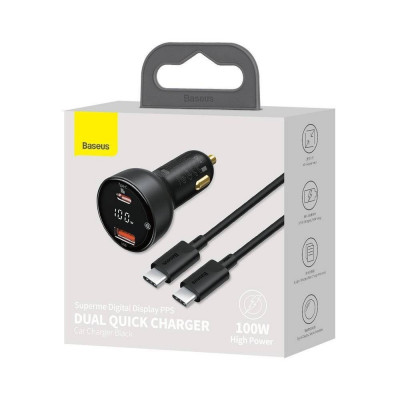 Baseus Superme USB autós töltő, USB-C, 100W + USB-C kábel, fekete