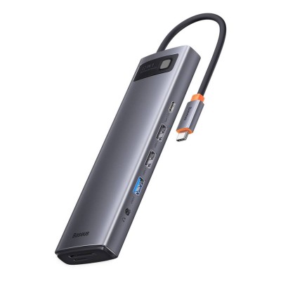 Baseus Metal Gleam hub 12 az 1-ben HDMI / DP / USB / USB-C / Mini jack 3.5 mm / RJ45 / SD / TF, szürke 