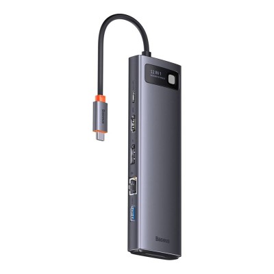 Baseus Metal Gleam hub 12 az 1-ben HDMI / DP / USB / USB-C / Mini jack 3.5 mm / RJ45 / SD / TF, szürke 