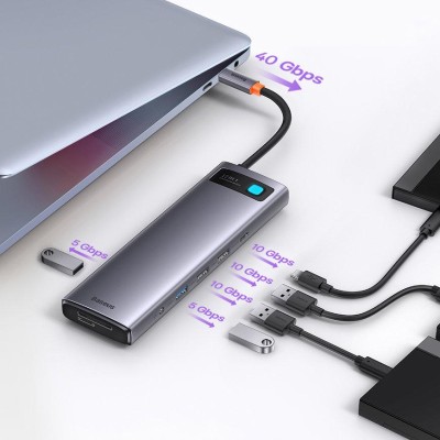Baseus Metal Gleam hub 12 az 1-ben HDMI / DP / USB / USB-C / Mini jack 3.5 mm / RJ45 / SD / TF, szürke 