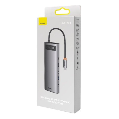 Baseus Metal Gleam hub 12 az 1-ben HDMI / DP / USB / USB-C / Mini jack 3.5 mm / RJ45 / SD / TF, szürke 