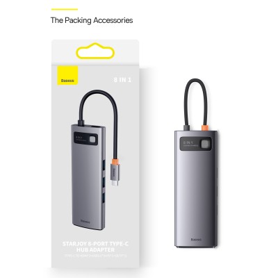 Baseus Metal Gleam Series 8 az 1-ben hub, USB-C - 3x USB 3.0 + HDMI + USB-C PD + microSD/SD + VGA