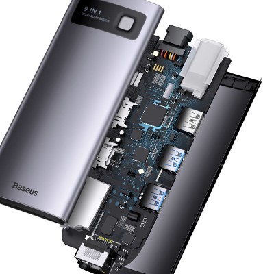 Baseus Metal Gleam Series 9 az 1-ben hub, USB-C - 2x USB 3.0 + 2x HDMI + USB 2.0 + USB-C PD + Ethernet RJ45 + microSD/SD