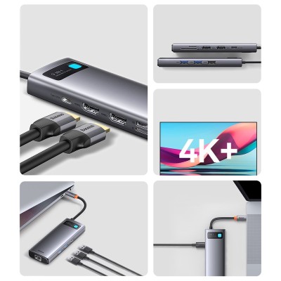 Baseus Metal Gleam Series 9 az 1-ben hub, USB-C - 2x USB 3.0 + 2x HDMI + USB 2.0 + USB-C PD + Ethernet RJ45 + microSD/SD