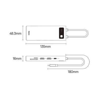 Baseus Metal Gleam Series 9 az 1-ben hub, USB-C - 2x USB 3.0 + 2x HDMI + USB 2.0 + USB-C PD + Ethernet RJ45 + microSD/SD