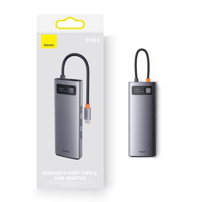 Baseus Metal Gleam Series 9 az 1-ben hub, USB-C - 2x USB 3.0 + 2x HDMI + USB 2.0 + USB-C PD + Ethernet RJ45 + microSD/SD