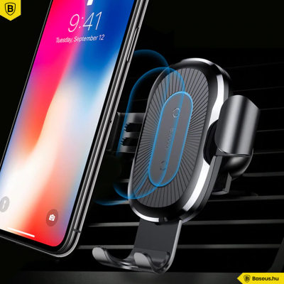 Baseus Gravity autóstartó  és Wireless töltő 2in1 gyorstöltéssel (10W) szellőzőrácsra - Fekete